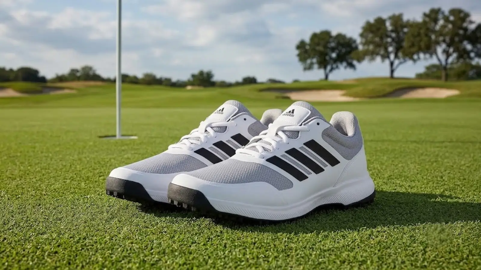 White Adidas Spikeless Golf Shoes On Fairway