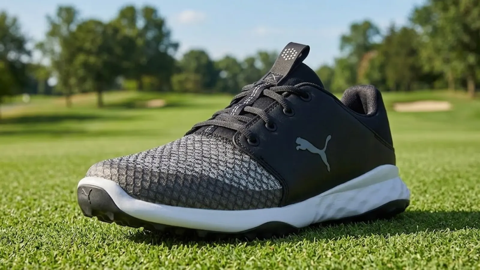 Pair of black PUMA golf shoes on grass.