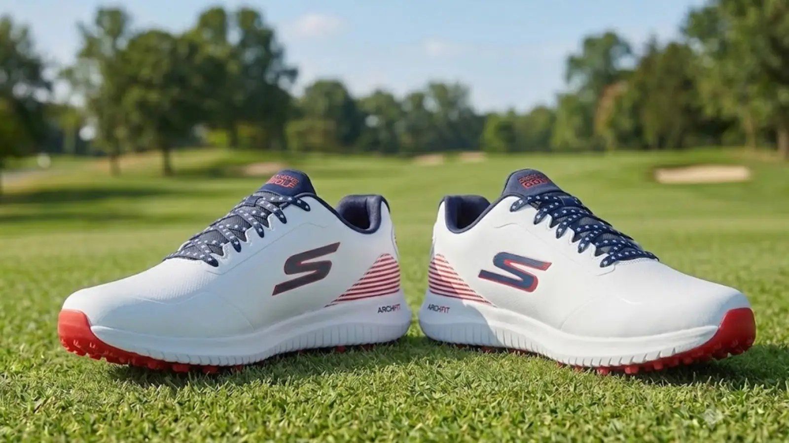 Pair of white Skechers spikeless golf shoes on grass