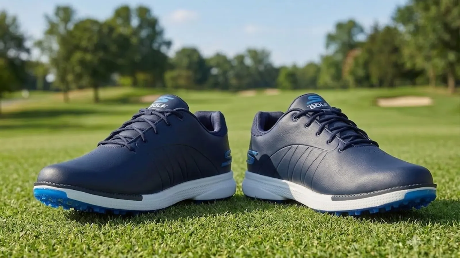 Pair of navy waterproof Skechers golf shoes
