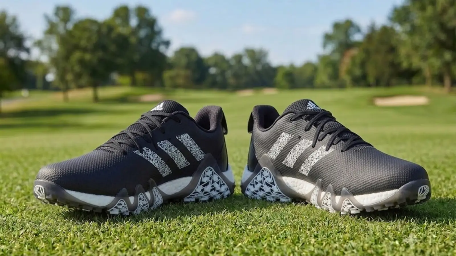 Pair of black adidas Codechaos golf shoes on grass.