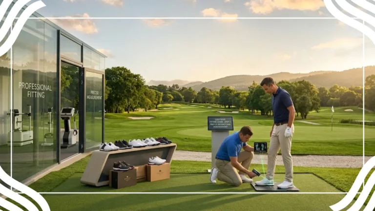 Professional golfer fitted for shoes with scanner.