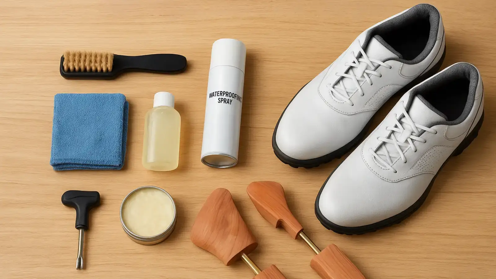 Applying polish to protect leather golf shoes